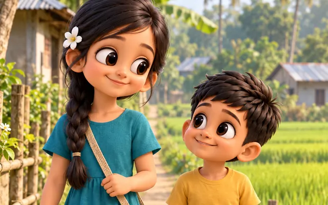 Adeeva and Ayaan smiling at each other as they walk along a village path
